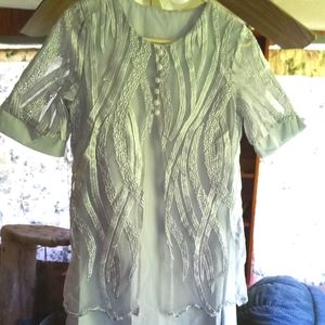 **Women's Blue Lace Panel Layered Hem Blouse